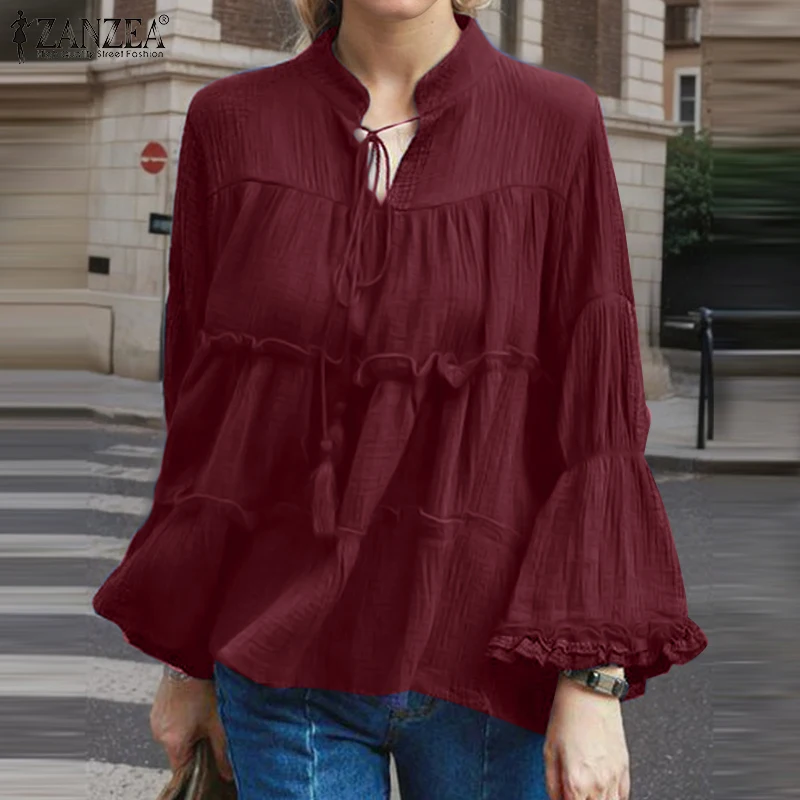 

ZANZEA 2025 Autumn Elegant Long Sleeve Office Shirt Women Blouse Stylish Solid Flounce Work Blusas Stylish Holiday Lace Up Tops