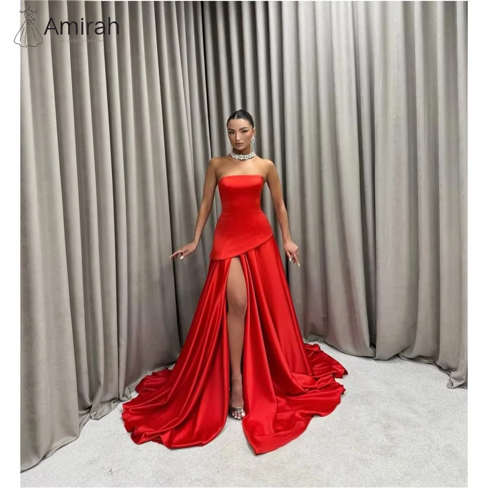 

Amirah Custom Made Luxurious Women's Evening Dresses Woman Elegant Party Dresses 2025 Side Slit A-line Satin Off-shoulder Red