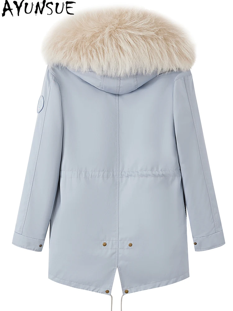 AYUNSUE Echter Fuchspelzmantel Damen Echtpelzparka Winter Damenkleidung Mittellanger Trenchcoat Waschbärpelzkragen Nguyто Жabaa