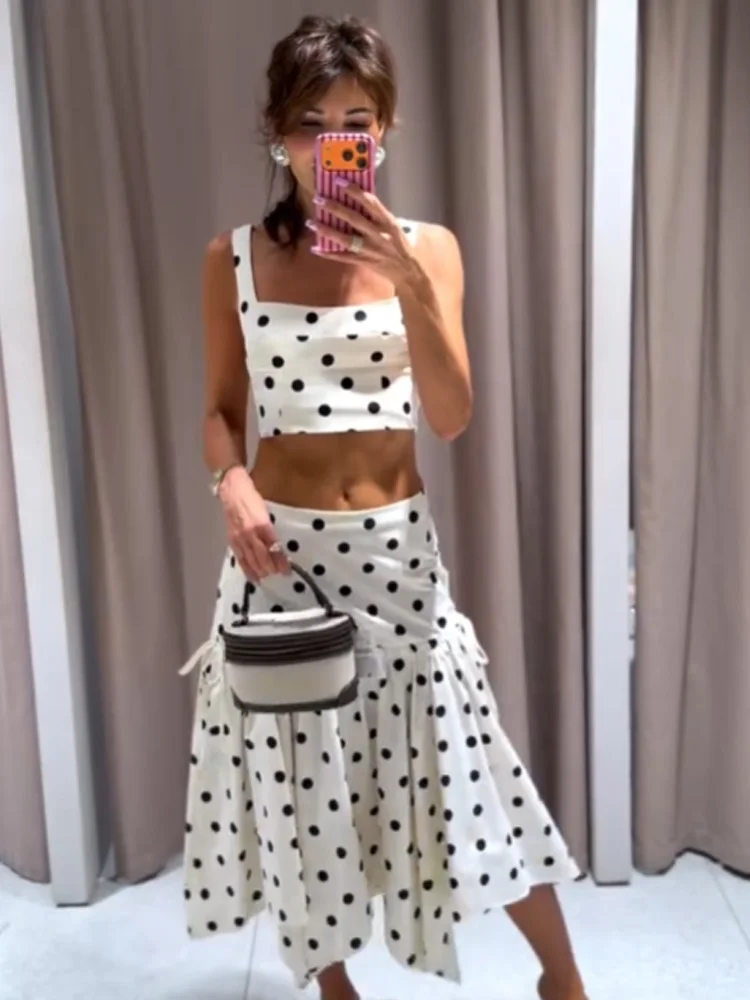 

HH Women's Elegant Polka Dots Zipper Laminated Short Top+Bow Asymmetry Solid Midi Skirt Casual Sleeveless Summer Two Piece Set