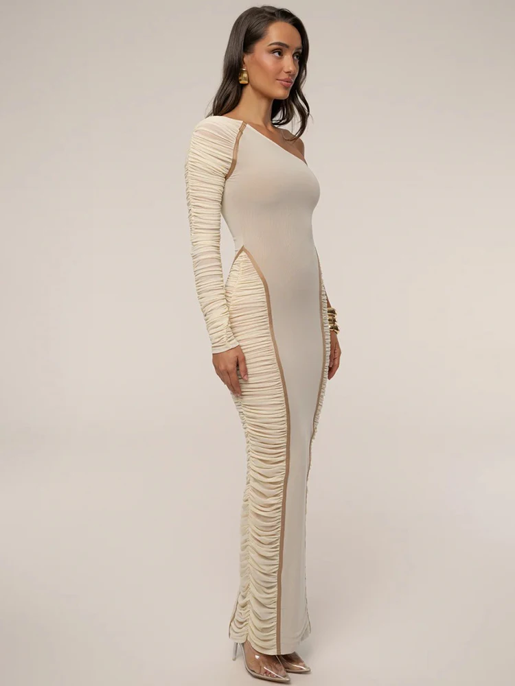 เดรสยาวทรงเข้ารูป แบรนด์ Blifanbo ดีไซน์ไหล่เฉียง หรูหรา เซ็กซี่  ผ้ารัดรูป  ด้านหลังเปลือย  แขนเดียว  ตกแต่งผ้าต่อกัน  เหมาะสำหรับงานปาร์ตี้และคลับ