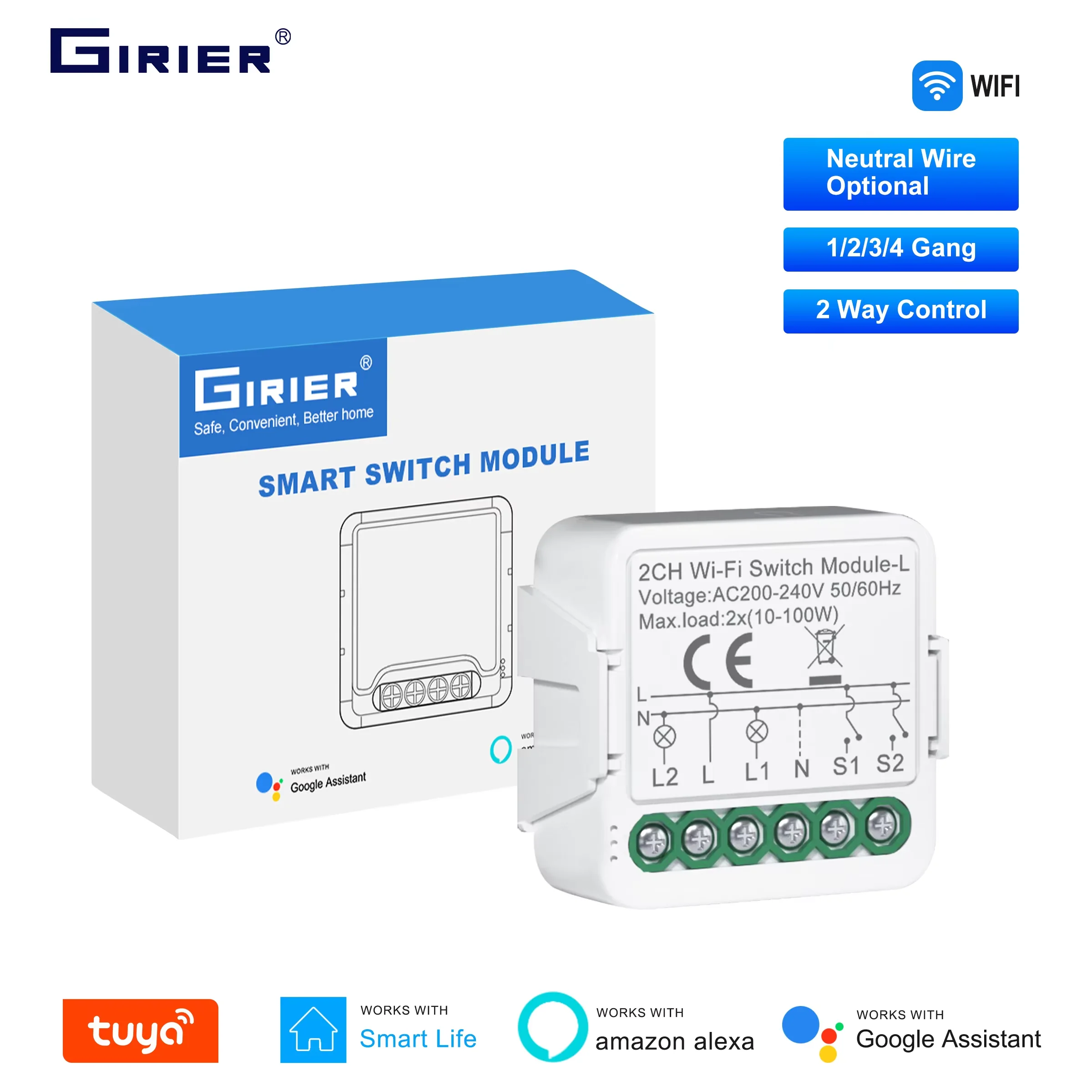 GIRIER-Módulo Interruptor Inteligente Tuya WiFi, Sem Fio Neutro Necessário, Relé Disjuntor, 1, 2, 3, 4 Gang, Suporta Controle 2 Way, Alexa, Hey