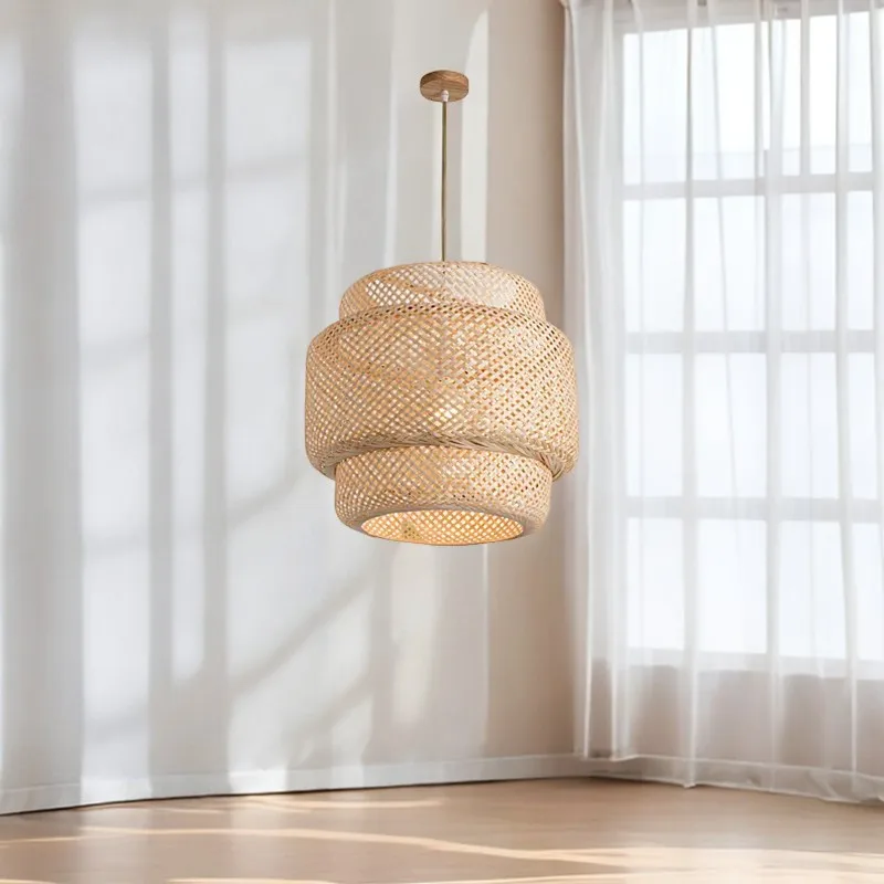 Bamboo Pendant Lamp E27 Hand Knitted Chinese Style Weaving Hanging Lamps Restaurant Chandeliers Home Decor AC85-260V On cloud