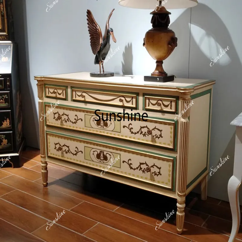 French Solid Wood Vintage Five-Drawer Cabinet, Small Apartment Storage Cabinet, Entryway Cabinet