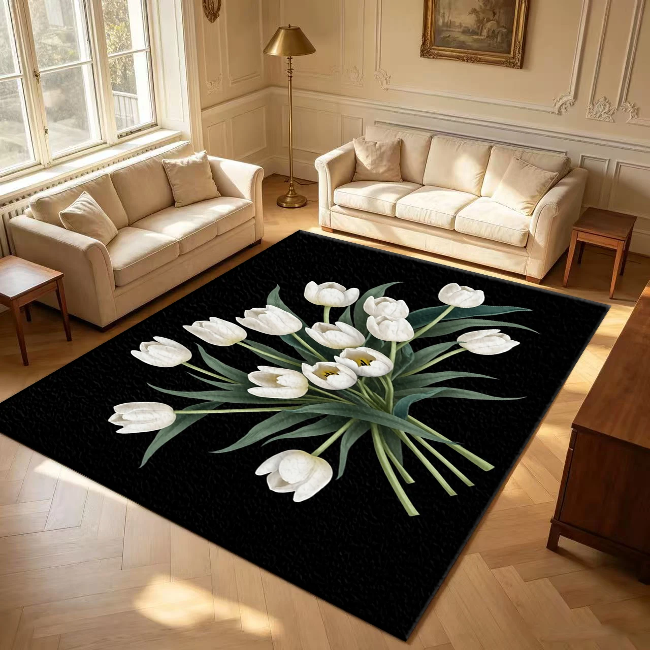 White Tulip Bouquet Black Background Floral Art carpet flooring Nature Flower Home Rug