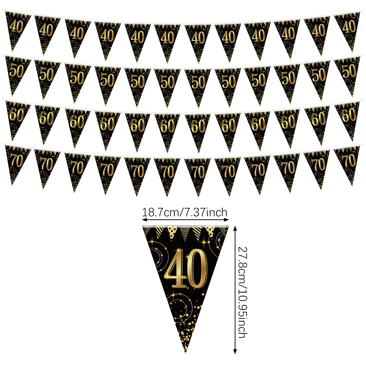 3Pcs Paper Banner Number Birthday Hanging Banner Flags Black Gold 40 50 60 70 Year Happy Birthday for Birthday Decoration