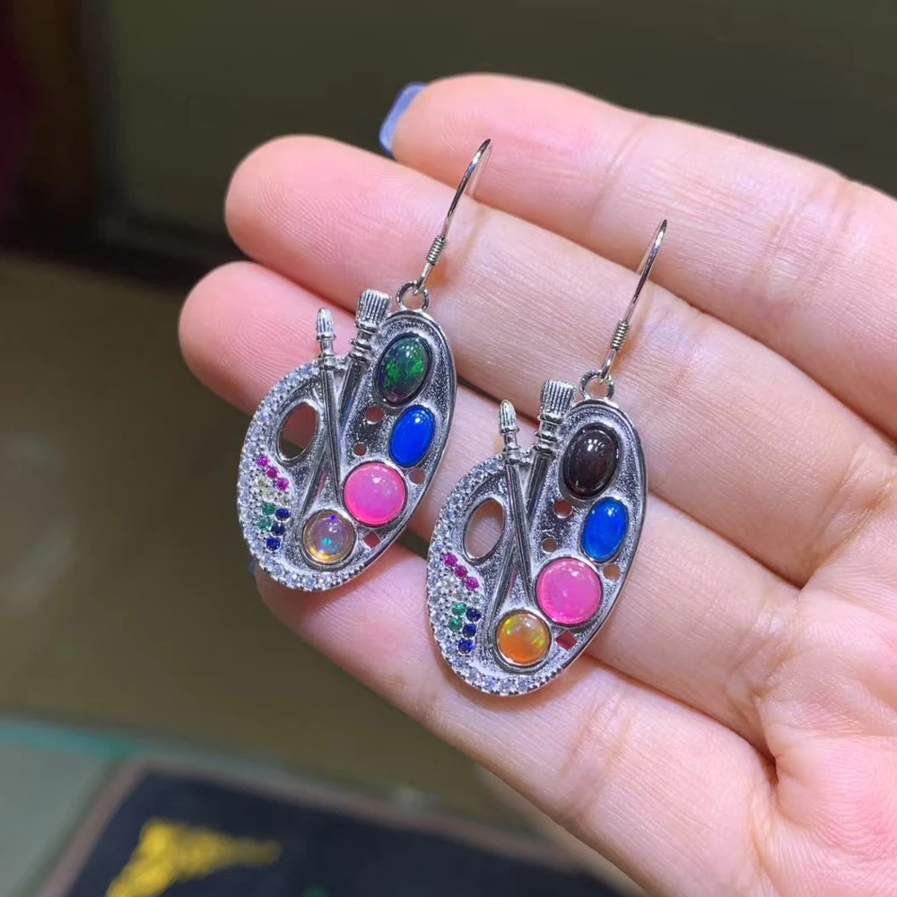 Colorful Natural Opal Palette Earrings 925 Sterling Silver Jewelry Gemstone for Women Birthday Party Christmas Gift