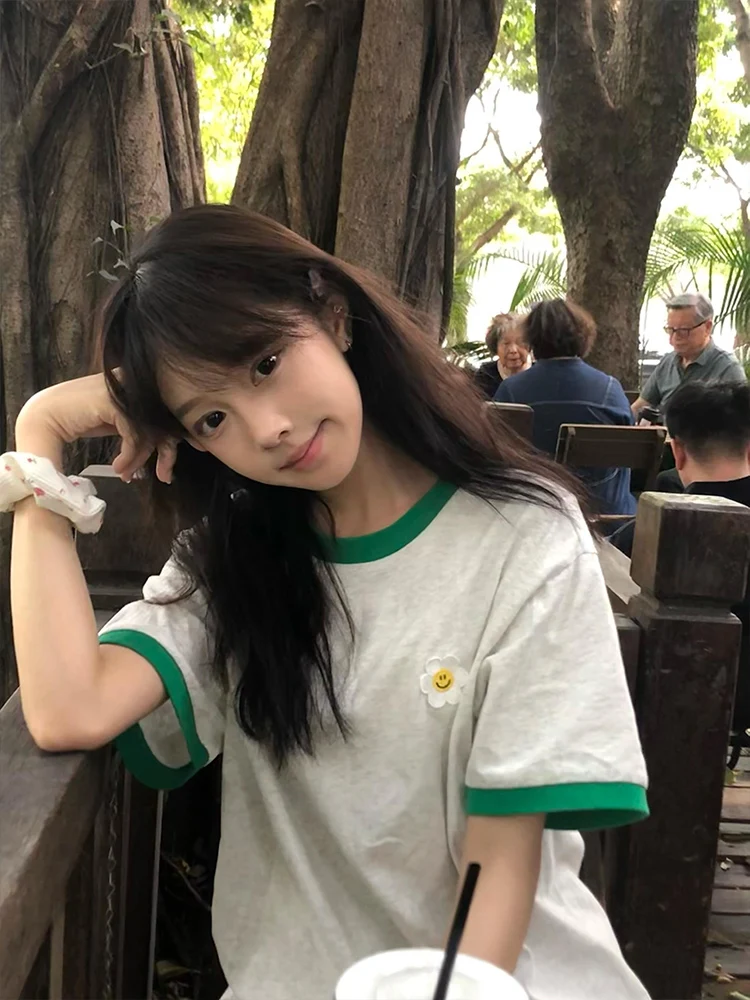 Daisy Embroidery Color Blo Pure Cotton ort Sve Women's T-irt Summer New Loose Slimming Versatile Lazy Top