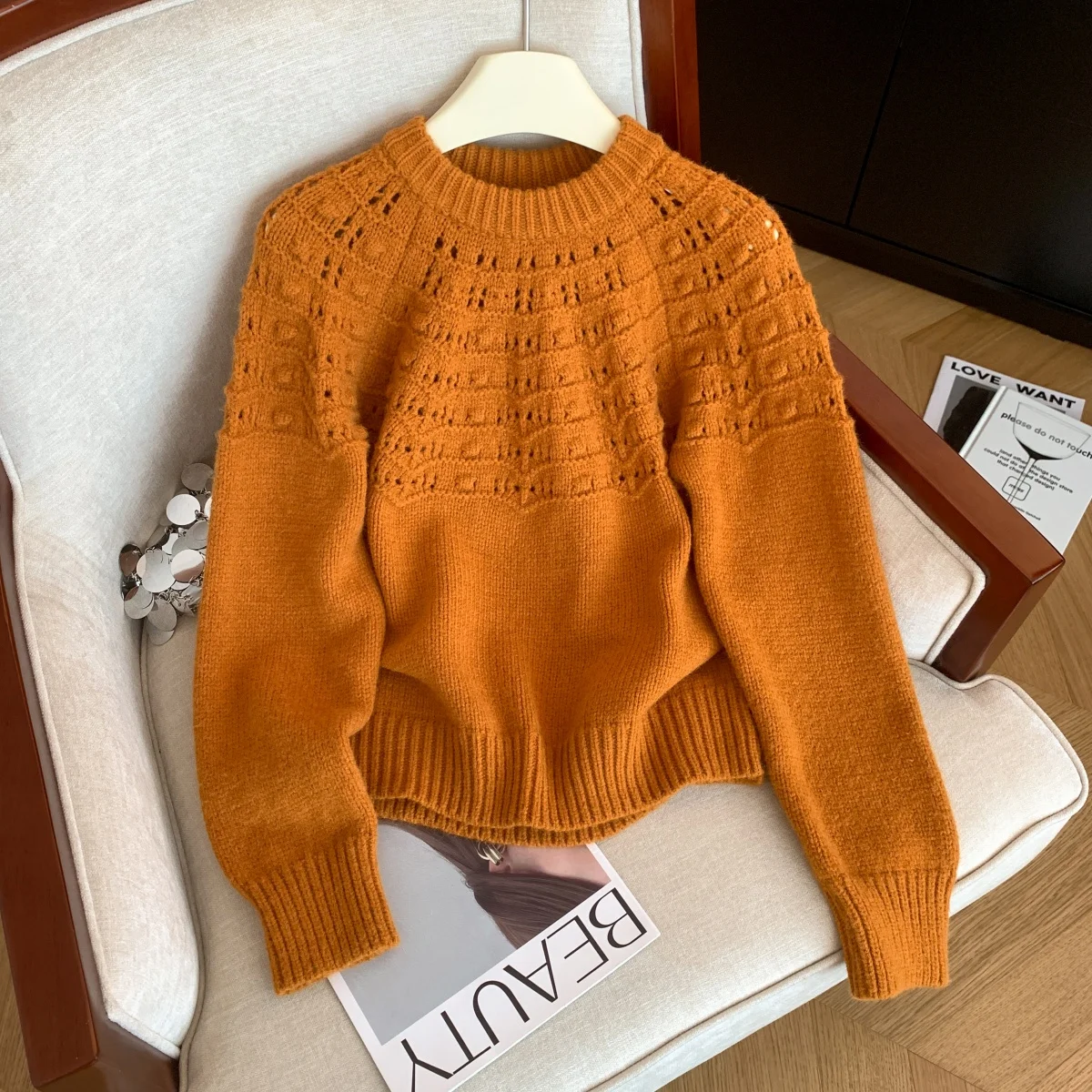 

Женский оранжевый вязаный пуловер, винтажный джемпер 2000-х годов, трикотаж с длинными рукавами, корейский мягкий уютный полый свитер, осень-зима 2025