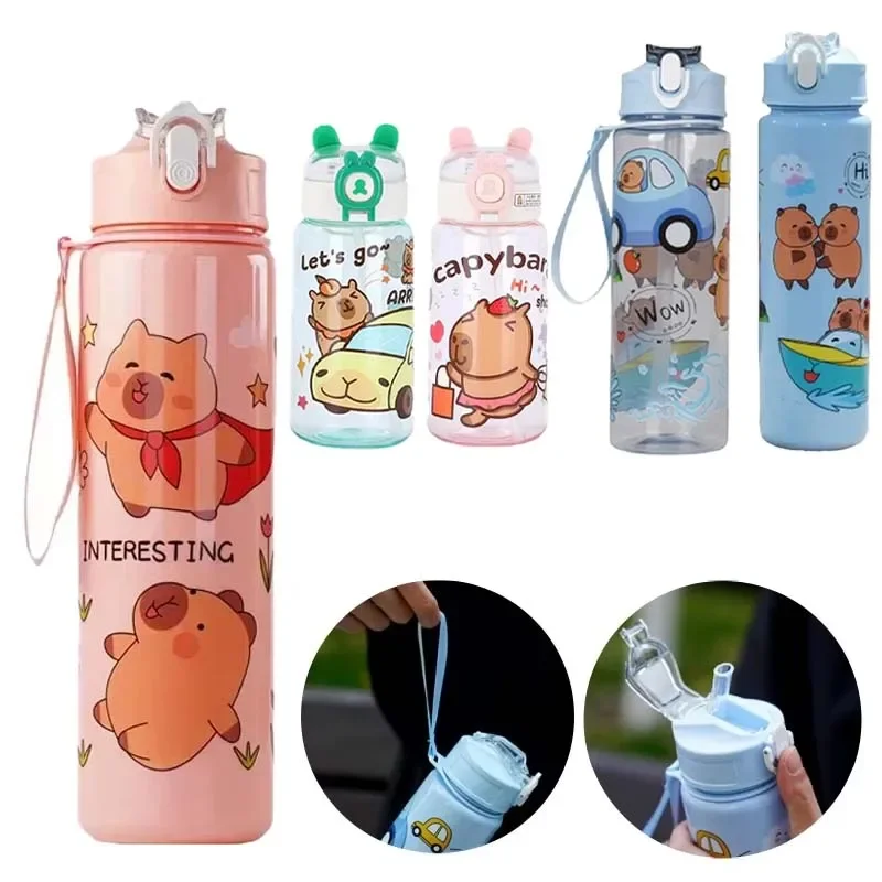 

750ml Leak-Proof Water Bottle Cartoon Capybara Water Bottle with Carry Strap - Portable for Sports & Fitness BPA Free Straw Cup