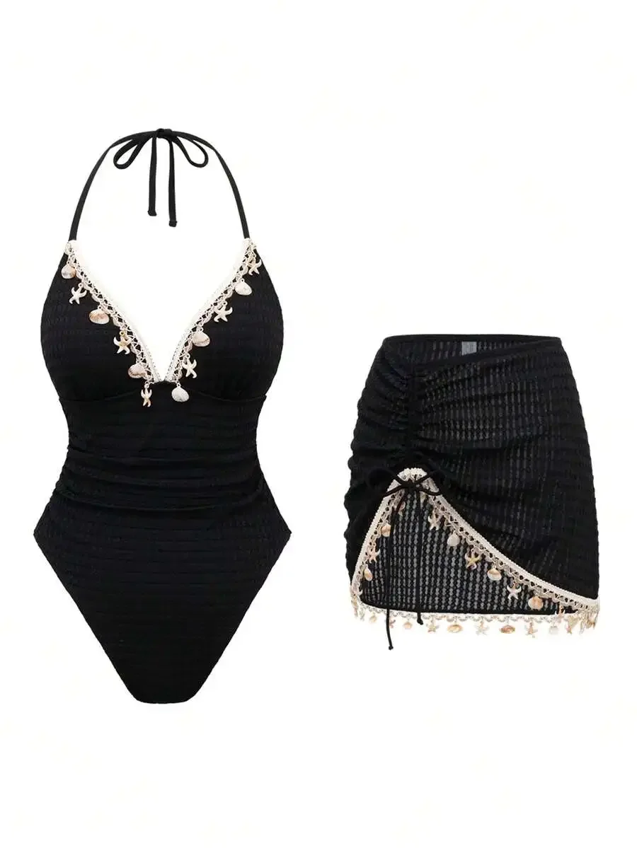 Women Black One-Piece Swimsuit With Shell Chain Trim And Ruched Detail