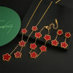 New Design Stainless Steel Does Not Five-leaf Flower Bracelet Necklace Earrings Three-piece Jewelry Set Ladies Four-leaf Clover