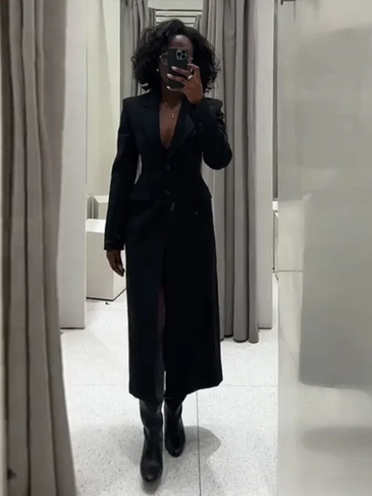 Fashion Office Lady Blazer Jacket Shoulder Pad Long Sleeve Lapel Female Coat 2025 Spring Button Pocket Lady Commuting Outwear