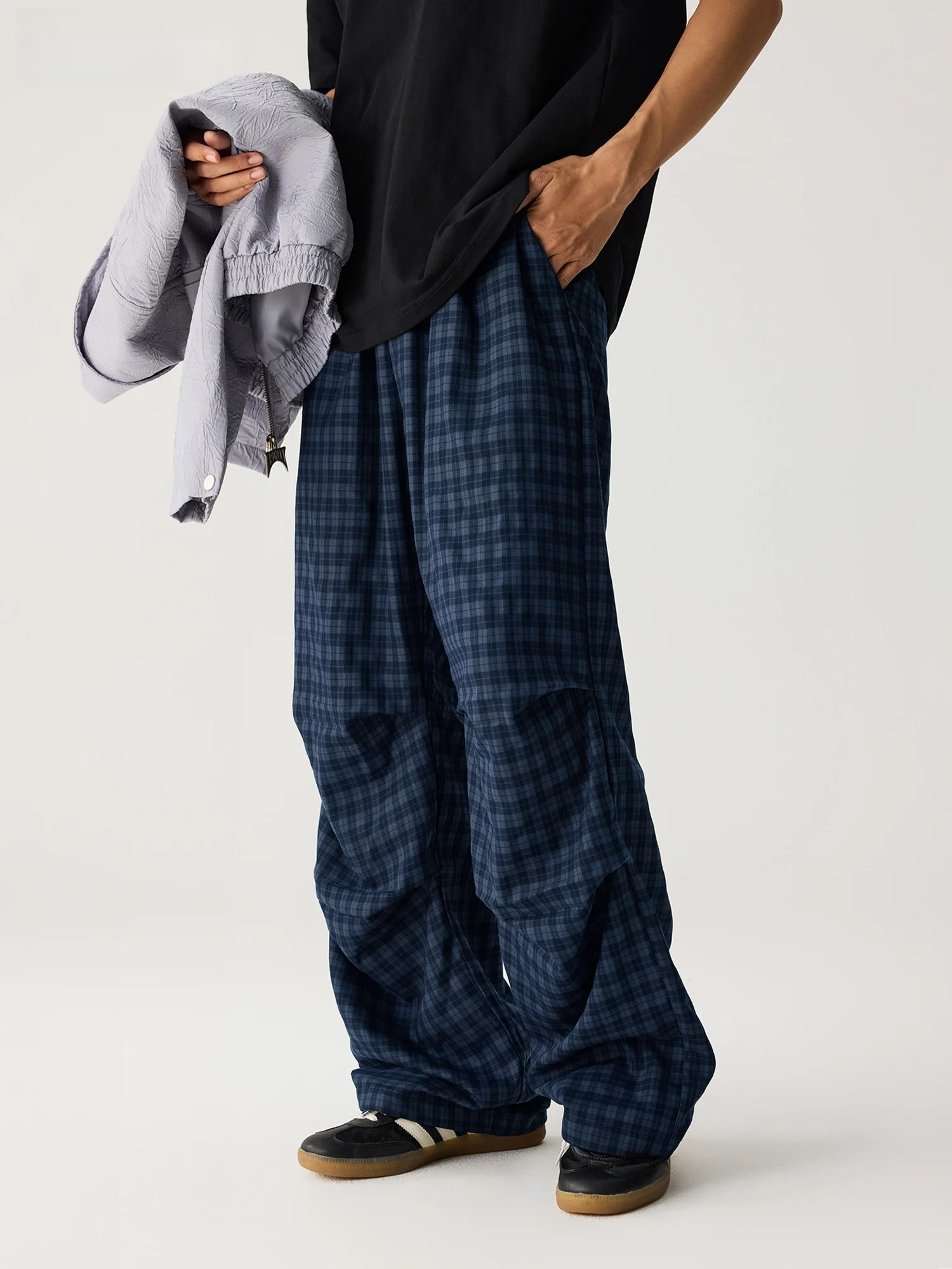 

RB Men's Plaid Casual Pants Loose Wide Leg Straight Tube Winter New American Retro Waed Faion Workwear Trousers