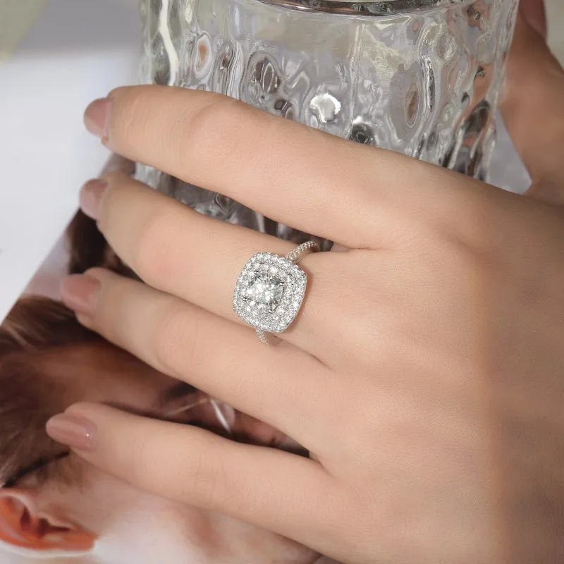 KEEP YES 6.5*6.5mm 1.5ct Cushion Cut Moissanite Engagement Rings for Women 925 Sterling Silver Solitaire Diamond Wedding Band