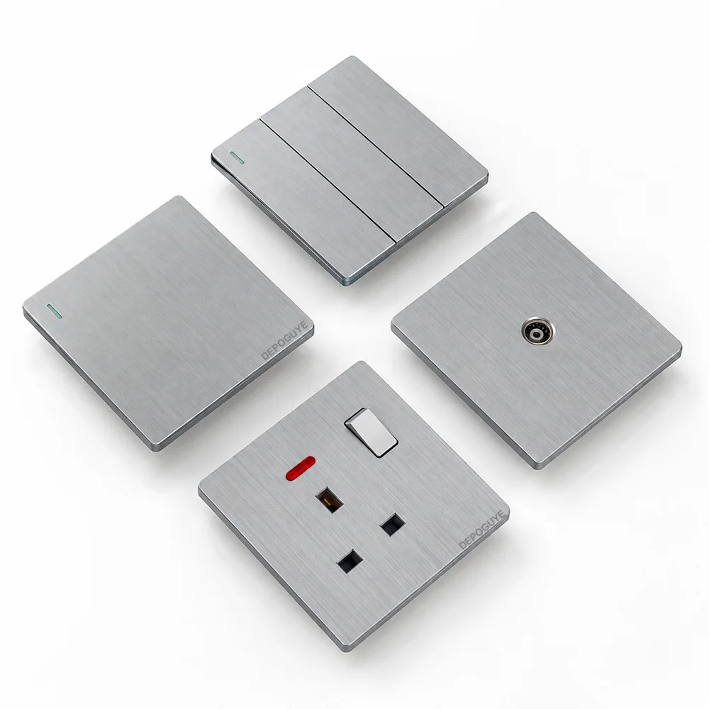 UK Wall Light Switch Brushed Silver Ultra Thin Panel 1/2 Way Universal 3 Pin Wall Socket Power Outlet AC 110-250V