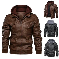 Falso PU couro Zip-Up motocicleta bombardeiro jaqueta masculina, Stand colarinho, capuz tripulação, casual