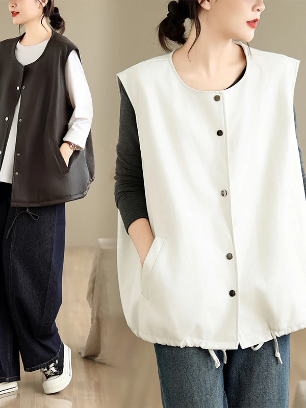 Authentic Fall Winter New Style Retro round Neck Sleeveless PU Leather Vest Women's Loose Outerwear Simple Elegant Design