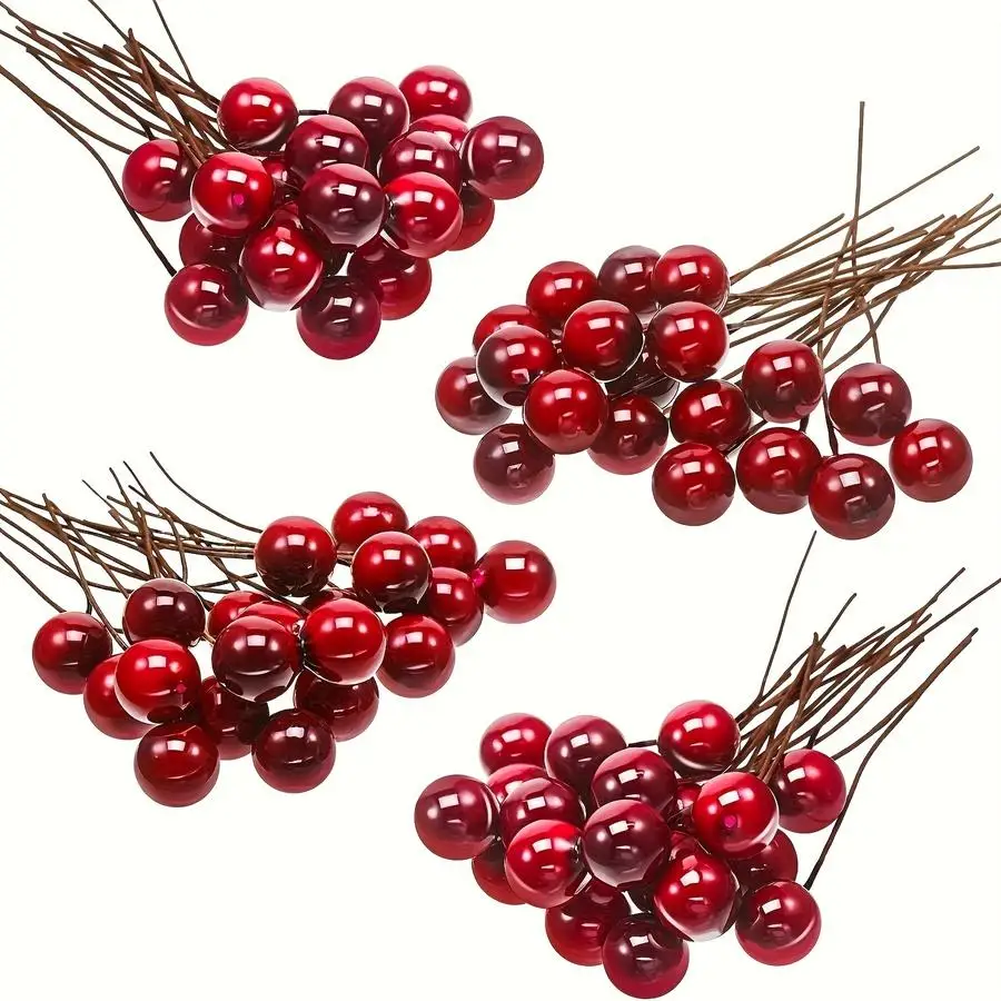 1/5/10/20/50/100pcs Burgundy Artificial Holly Berries on Wire - Plastic Christmas Tree Decoration, Festive Hanging Ornaments for