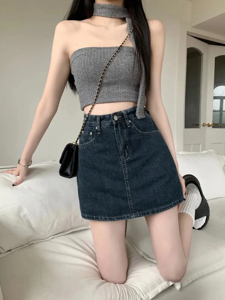 Women's Y2K High-Waist Mini Skirt Deep Blue Denim Spring Summer Slimming Flattering Wrap Around Skirt for Full Coverage