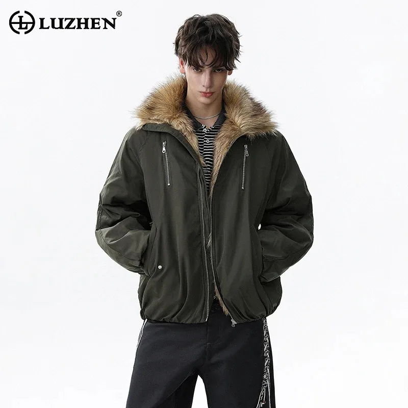 

LUZHEN 2025 Winter Fashion Solid Color High Quality Faux Fur Neck Zipper Pockets Padded Coat Men's Handsome Parka Jacket JY4999