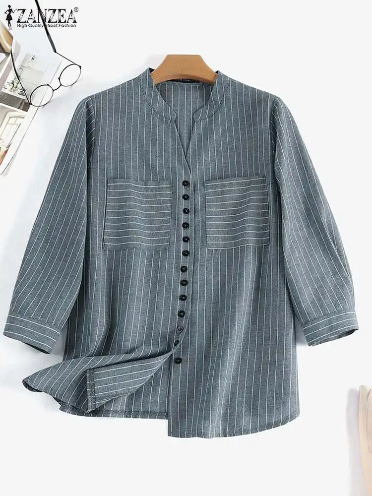 ZANZEA Women Vintage Striped Blouse Summer 3/4 Sleeve Loose Shirt Fashion V-Neck Button Up Tops Elegant Blusas Femme Tunic Mujer