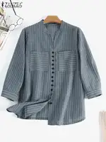ZANZEA Women Vintage Striped Blouse Summer 3/4 Sleeve Loose Shirt Fashion V-Neck Button Up Tops Elegant Blusas Femme Tunic Mujer 5