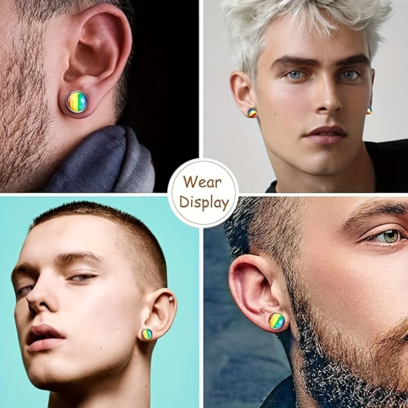 2/8pcs Unisex Fashion Rainbow Design Stainless Steel Round Dumbbell Spike Push & Screw Back Stud Earrings for Men Women Jewelry