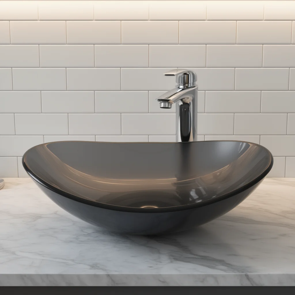 Dark grey glass bowl-shaped sink, oval, glossy, table-mounted, minimalist design, non-porous, faucet-mounted