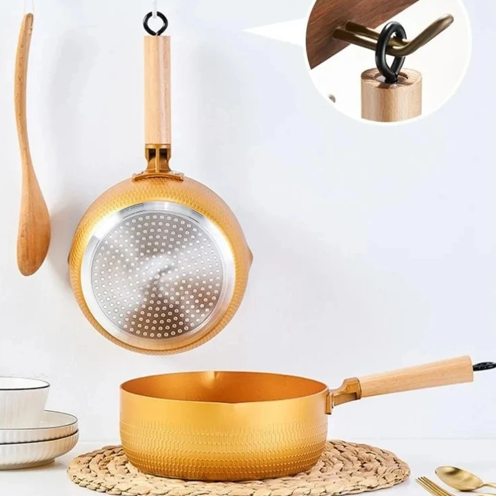 18/20/24cm Gold Soup pot Japanese Snow Saucepan Non-stick Frying Pan wok wood handle Home Milk Sauce Cooking Kitchen Cookware