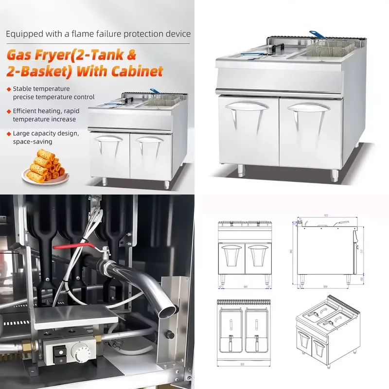 Commercial Gas Fryer with Cabinet 2 Slots 2 Baskets 28L for Restaurant Kitchen Gas Cooking Equipment Heavy Duty Deep Fryer