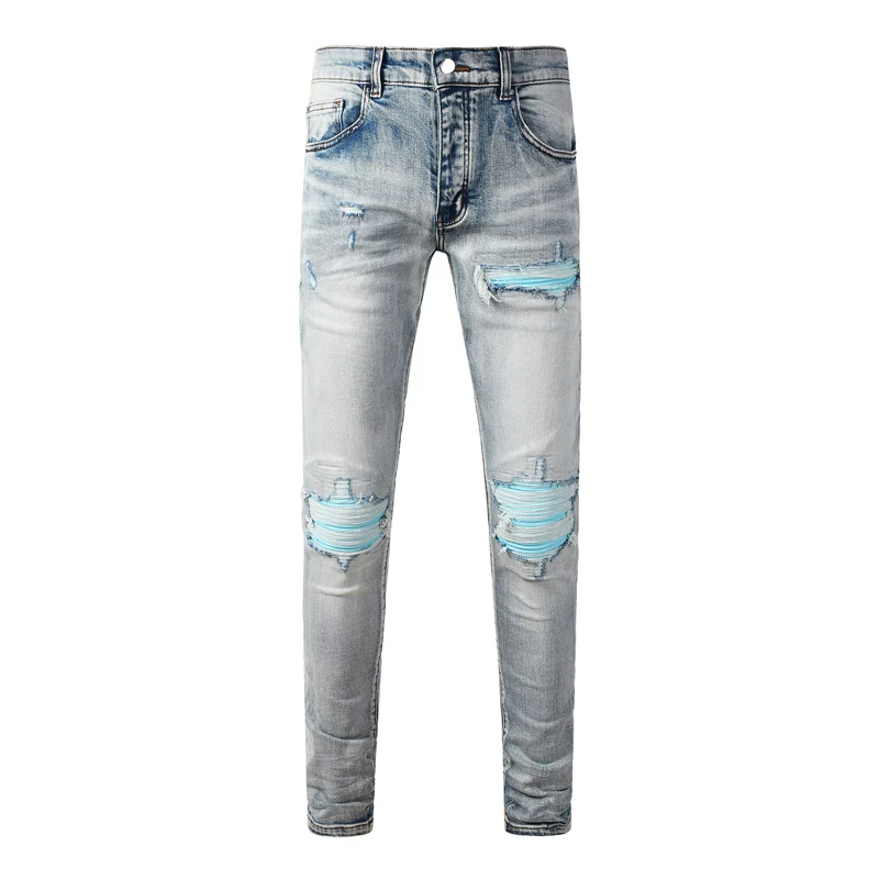 Hombre Light Blue Ripped Patch Skinny Jeans Mid Rise Stretch Slim Denim Jeans Streetwear Long Trousers