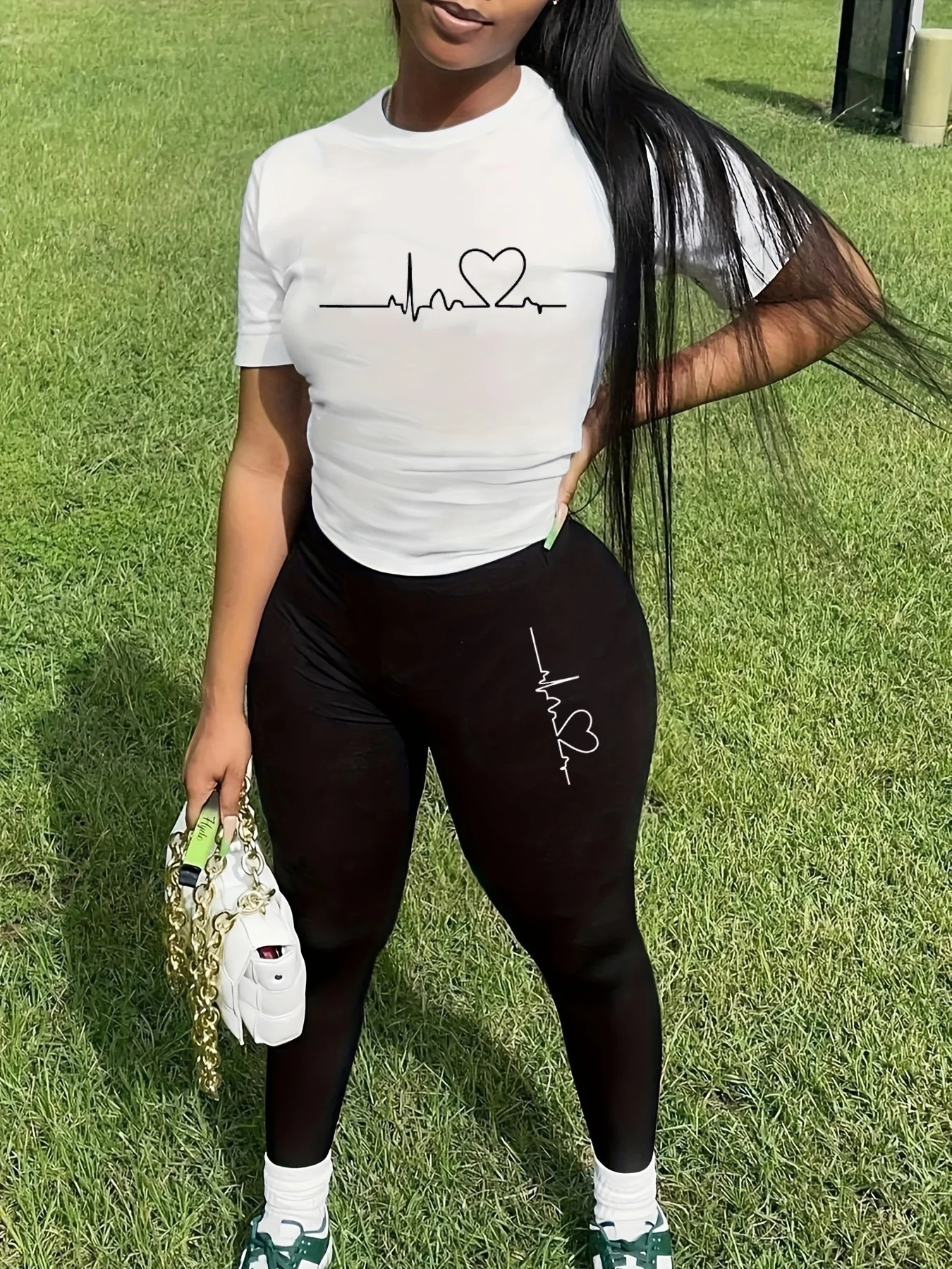 Women's Spring and Summer Casual Loose ECG Pattern Printed Round Neck Short Sleeve T-shirt+Tight Pants Two Piece Set