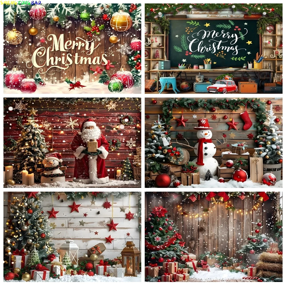 Winter Christmas Backdrop Wooden Board Wall Snowman Fireplace Xmas Tree Bells Gift Family Party Photography Background Decor