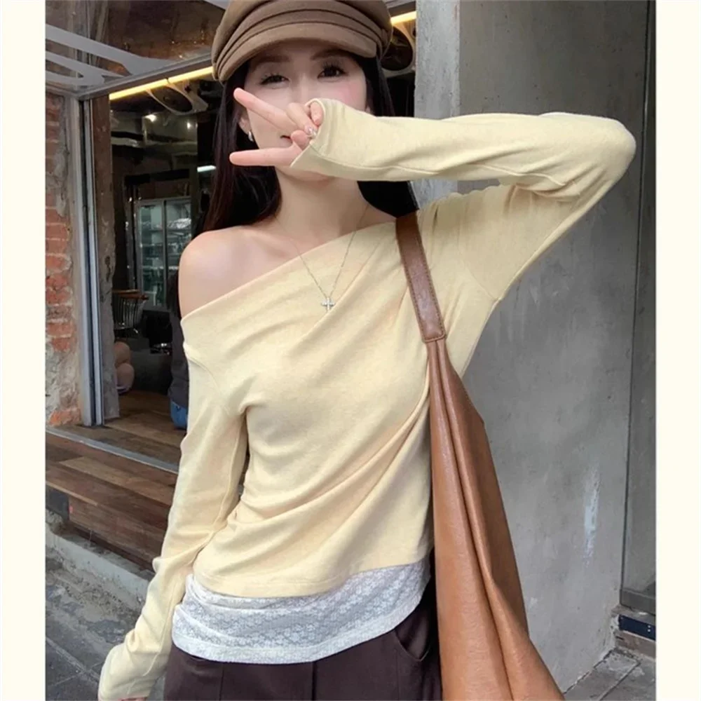 Желтые кружевные футболки, женские футболки из двух предметов с длинными рукавами, ранняя осень, модный дизайн, винтажная футболка из модала, женские топы