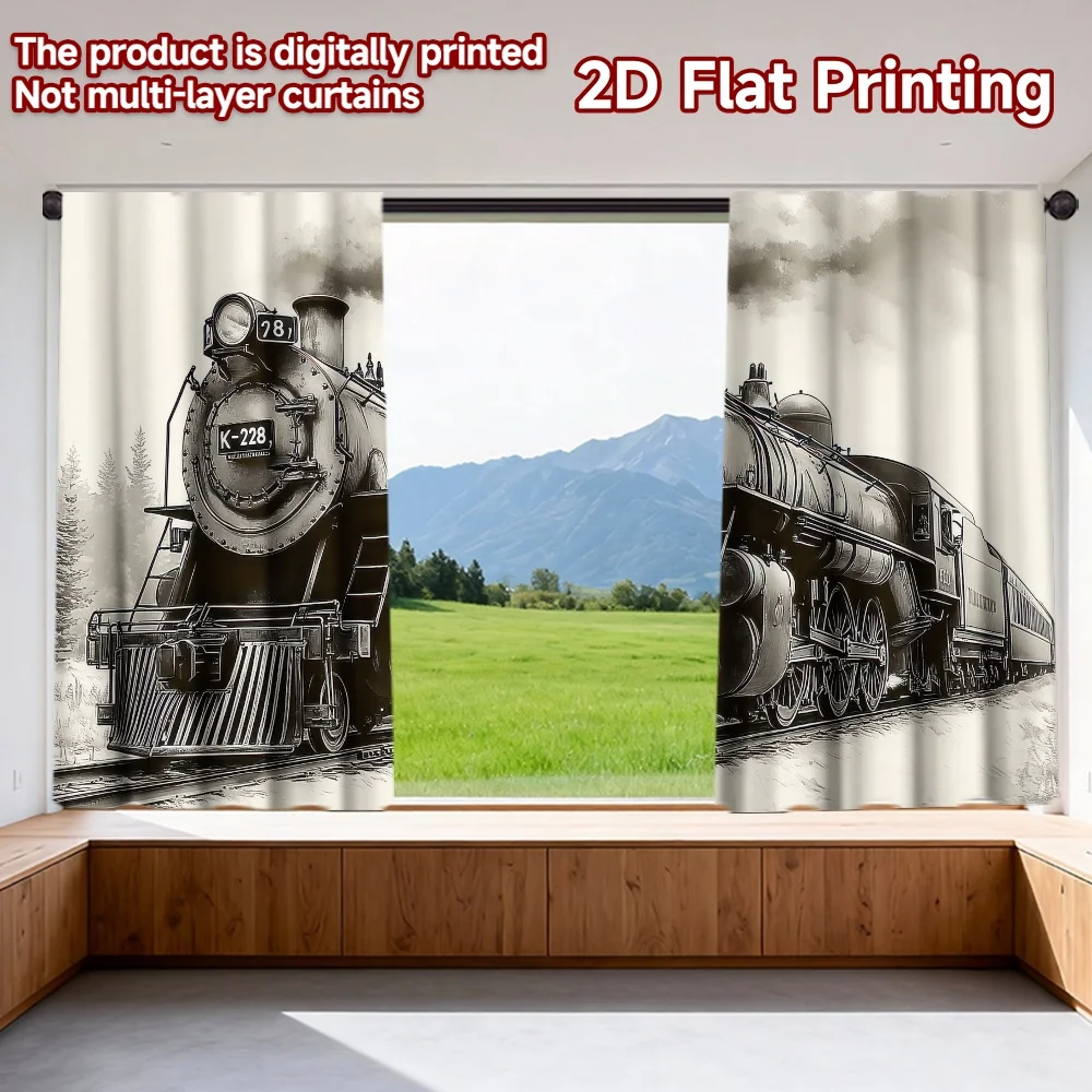 

2D flat printing 2pcs Curtains Vintage Steam Train(1) Digital Printed Polyester Drapes Birthday Party Use for Festive and Winter