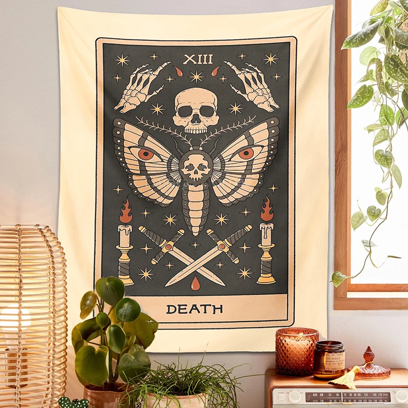 Moth Tarot tapestry Death psychedelic scene home decoration art Astrology Divination Hippie boho skull wall hanging beach mat