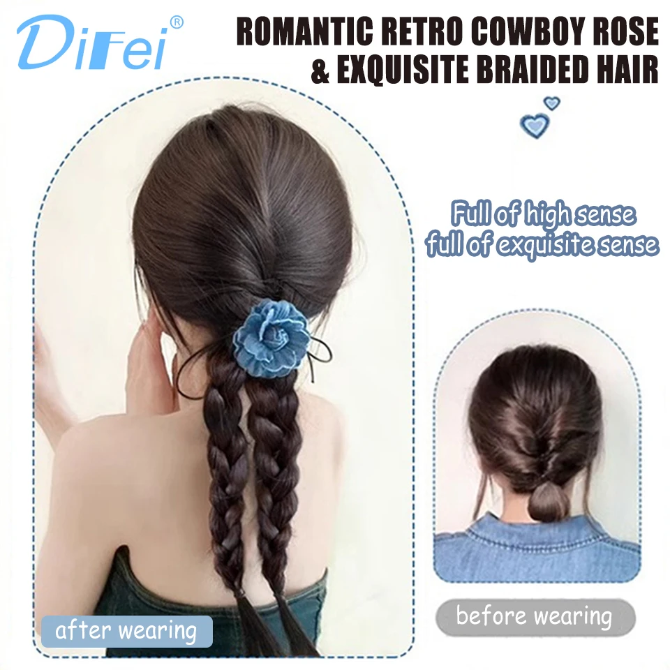 DIFEI Braided Hair Ponytail Synthetic Wig Ponytail Female Romantic Cowboy Rose Braided Hair Natural Strap High Ponytail Wig