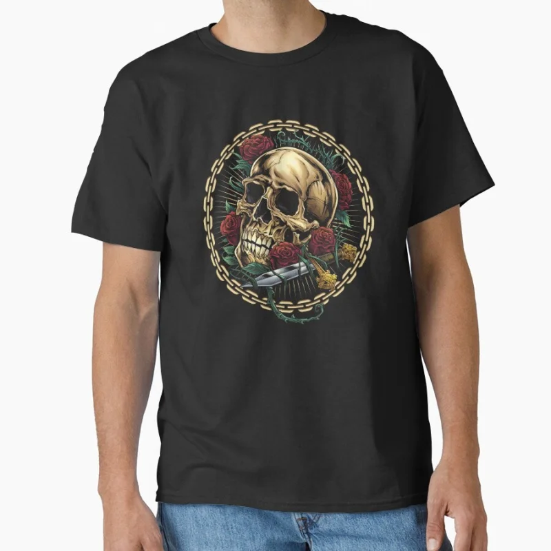 

Skull and Roses Red Flowers Old school Goth style Horror skeleton Halloween gift T shirt for Day of the Dead large size Tops