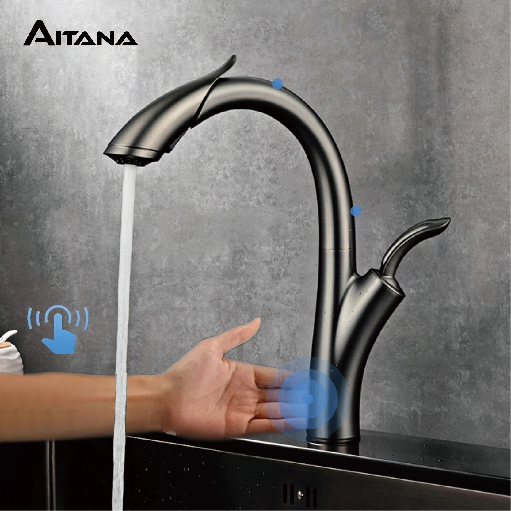 AITANA Luxury Gun Grey Brass Intelligent Touch Switch Kitchen Faucet Pull out Design Cold & Hot Water Modern 2-Function Sink Tap