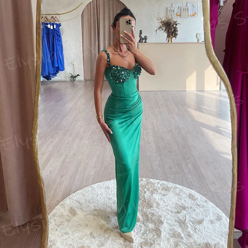 

Modern Sexy Green Women's Mermaid Classic Evening Dresses Pretty Graceful Spaghetti Strap Pleated Prom Gowns Beaded فساتين سهرة