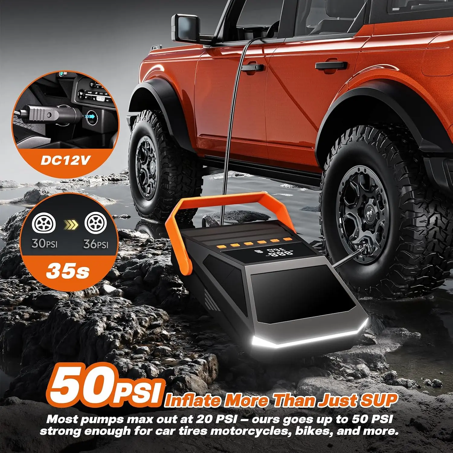 Electric Portable SUP Pump with Auto-Off, 50PSI High Pressure for Inflatables, Car Tires, Bikes