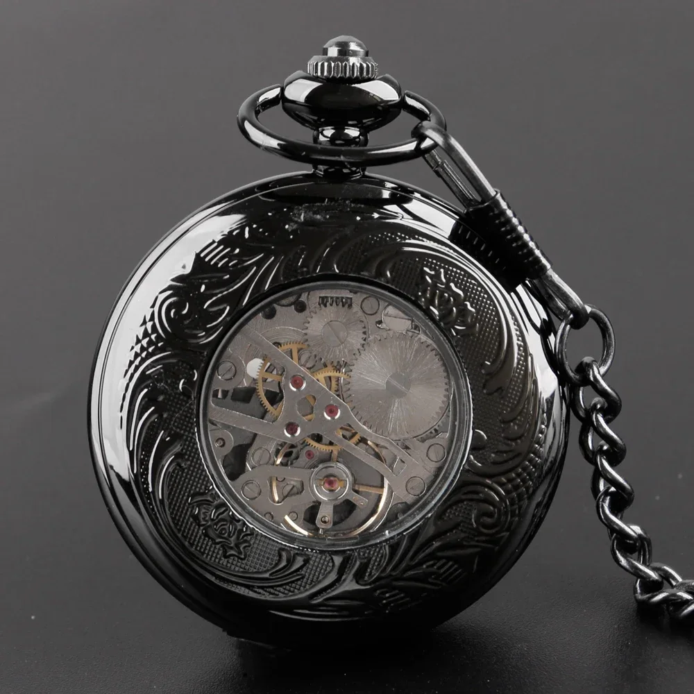 Vintage Black Semicircle Mechanical Hand Wind Pocket Watch Chain Luxury Steampunk Women Men Watches Fob Male Clock Gifts