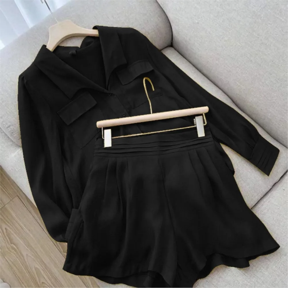 Spring Summer Solid Shorts Set Women Simple Casual Style Long Sleeve Single-breasted Shirts Tops & Shorts Two Piece Sets 2024