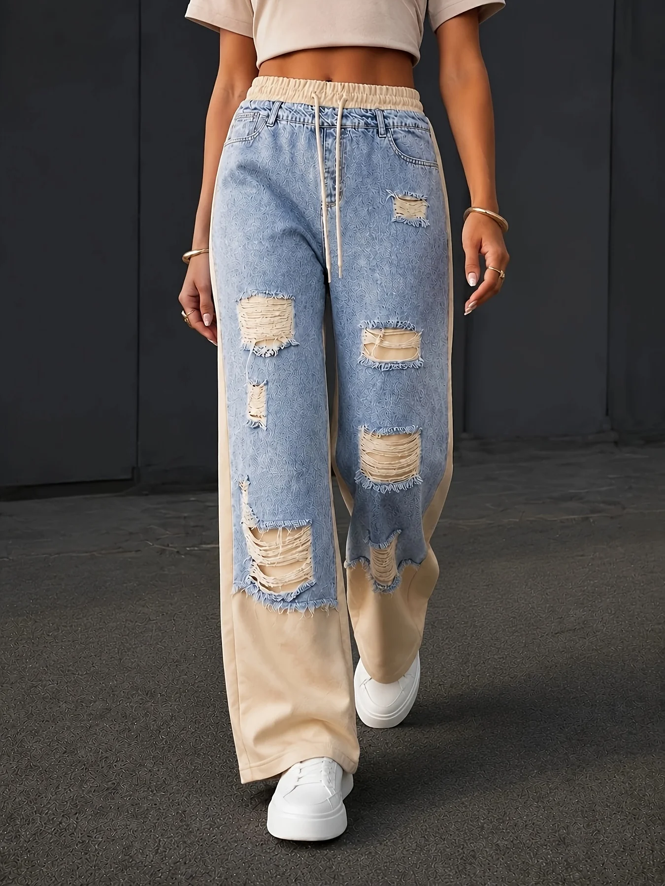 Women's Vintage Ripped Patchwork Denim Sweatpants, Ripped Details + Frayed Edges, Elastic Waistband Wide-Leg Jeans, Fashionable Y2K Street Style, Versatile and Multi-Wearable, New Autumn Style Women's Jeans