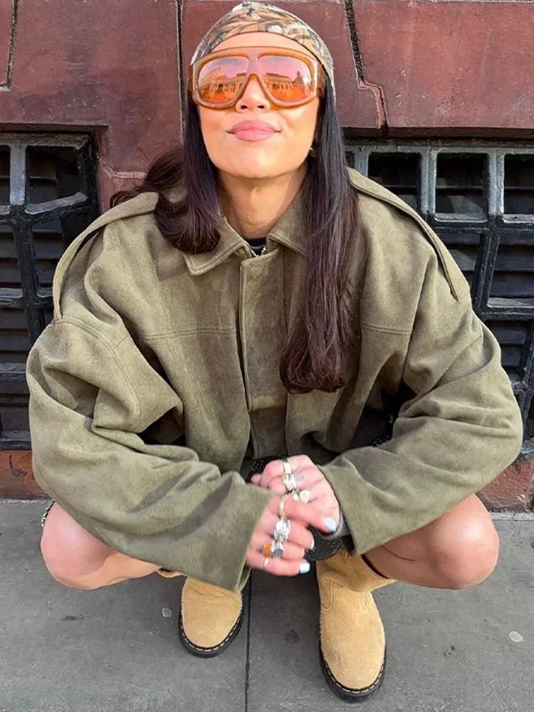 

Retro Suede Lapel Jacket Women Loose Long Sleeve Zipper Elastic Waist Short Jackets Female Fashion Green Button Outwear