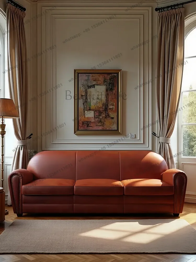 

D25American rural retro leather sofa small apartment living room straight row high-end three-person sofa
