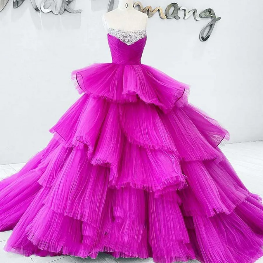 Dreamy Fuchsia Tiered Puffy Tulle Wedding Gowns Ruffles Mesh Long Prom Gowns Shiny Crystal Beaded Bridal Dress