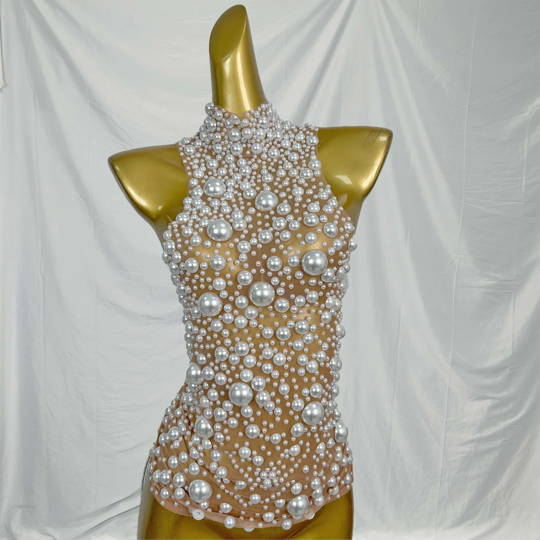 Sexy Sleeveless See Through Pearls Tops Women Strap Bodycone Tank Vest Ladies Club Party Festival Outfit Stripper Dancewear