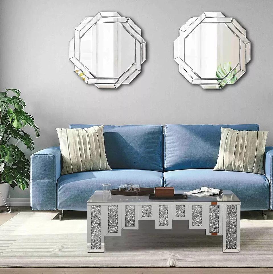 #2022 new hot sale modern simple rectangular silver mirror glass rhinestone coffee table coffee table